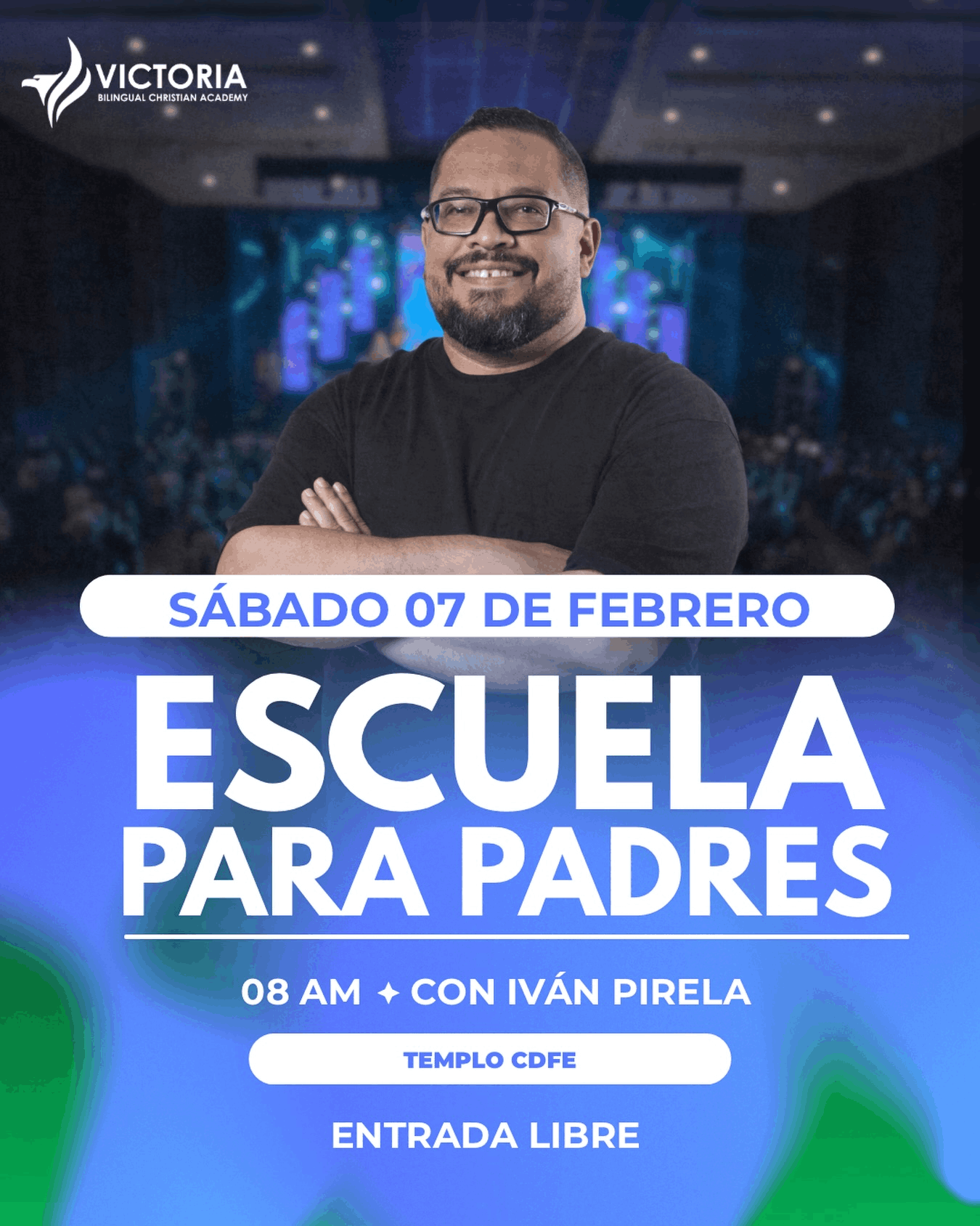 Banner promocional de la Escuela para Padres 2024-2025: 'Cómo educar a nuestros hijos sin morir en el intento', con el Pastor Iván Pirela, terapeuta familiar y conferencista internacional